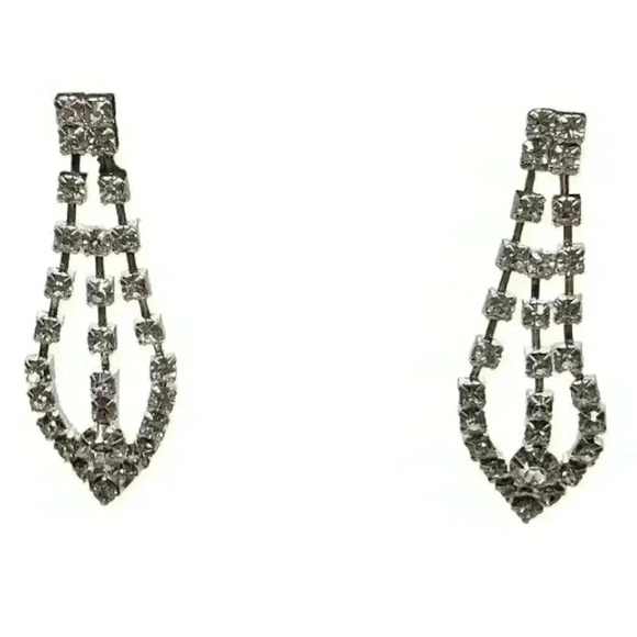 Vintage Earrings Rhinestone Long Dangle Wedding Sparkle Statement Pierced - Picture 2 of 7
